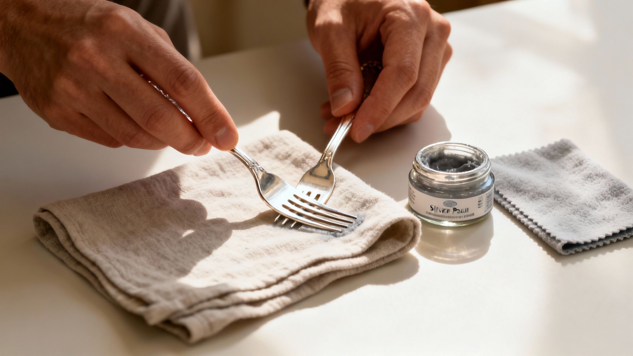 Hands polishing shiny silver forks on a beige cloth next to silver polish and a gray cleaning rag.