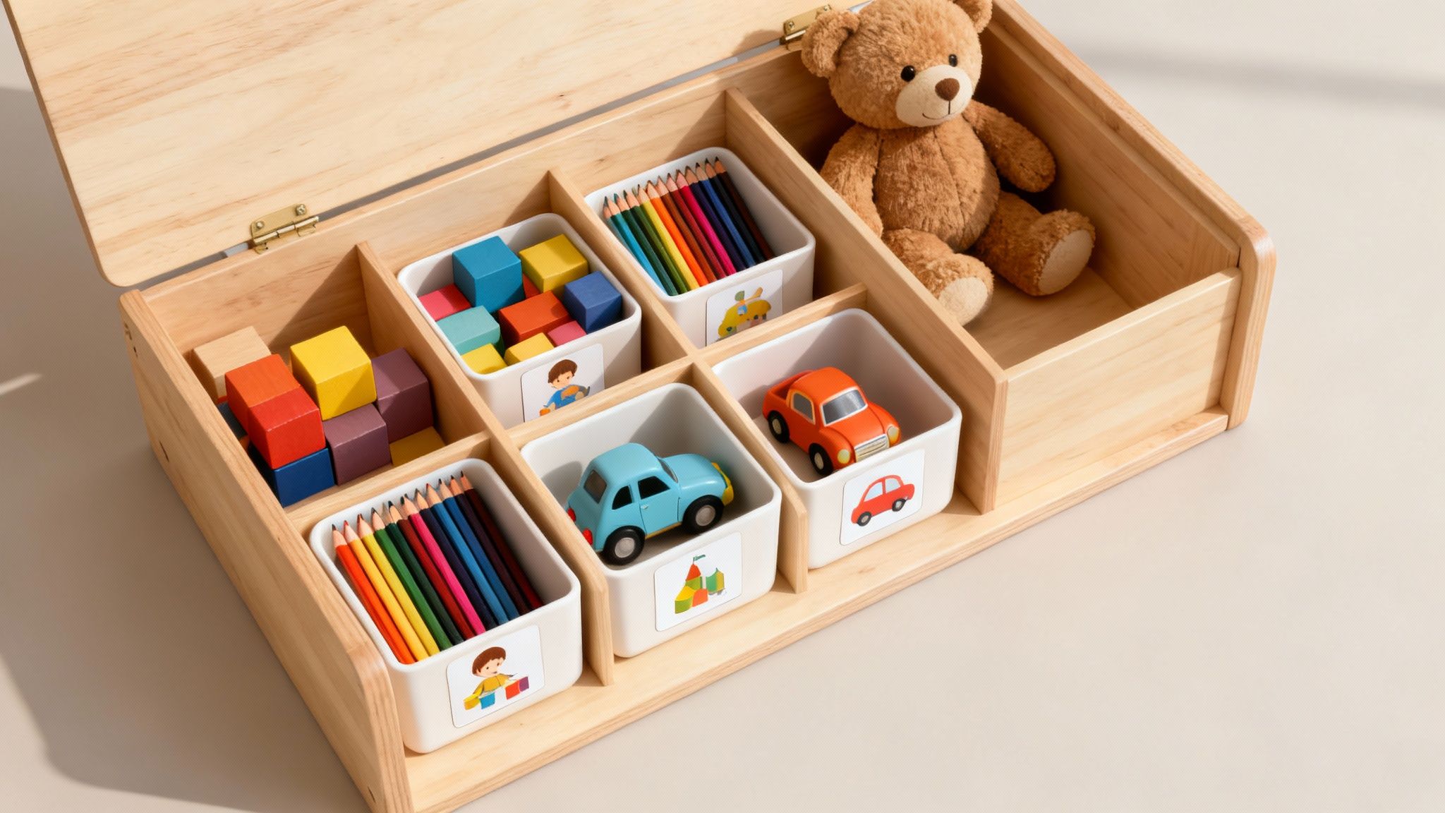 A light wooden toy box filled with colorful building blocks, pencils, toy cars, and a teddy bear.