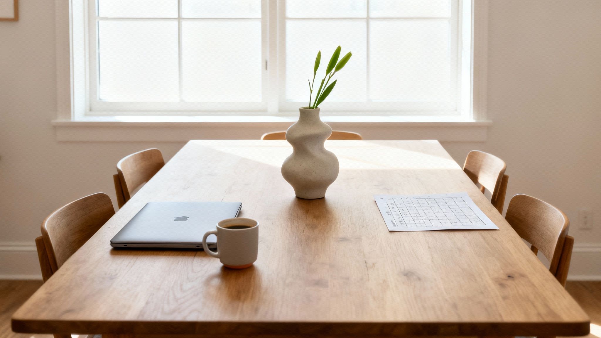 A bright, minimalist dining room with a wooden table set up for work next to a window.