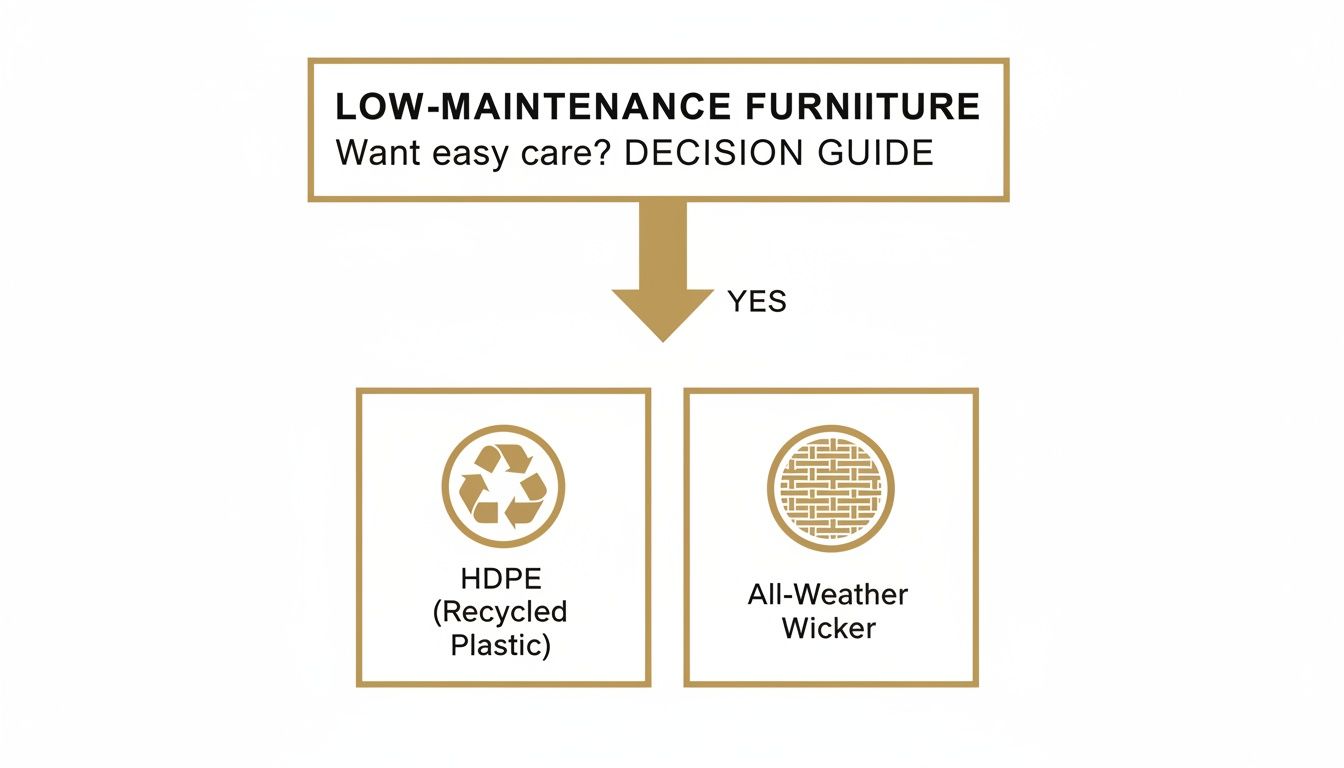 A decision guide for low-maintenance furniture, recommending HDPE or All-Weather Wicker materials.