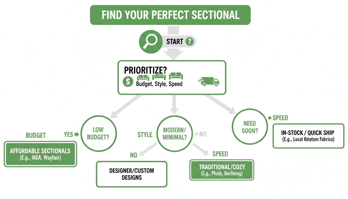 Flowchart guiding the selection of perfect sectionals based on budget, style, and delivery speed.