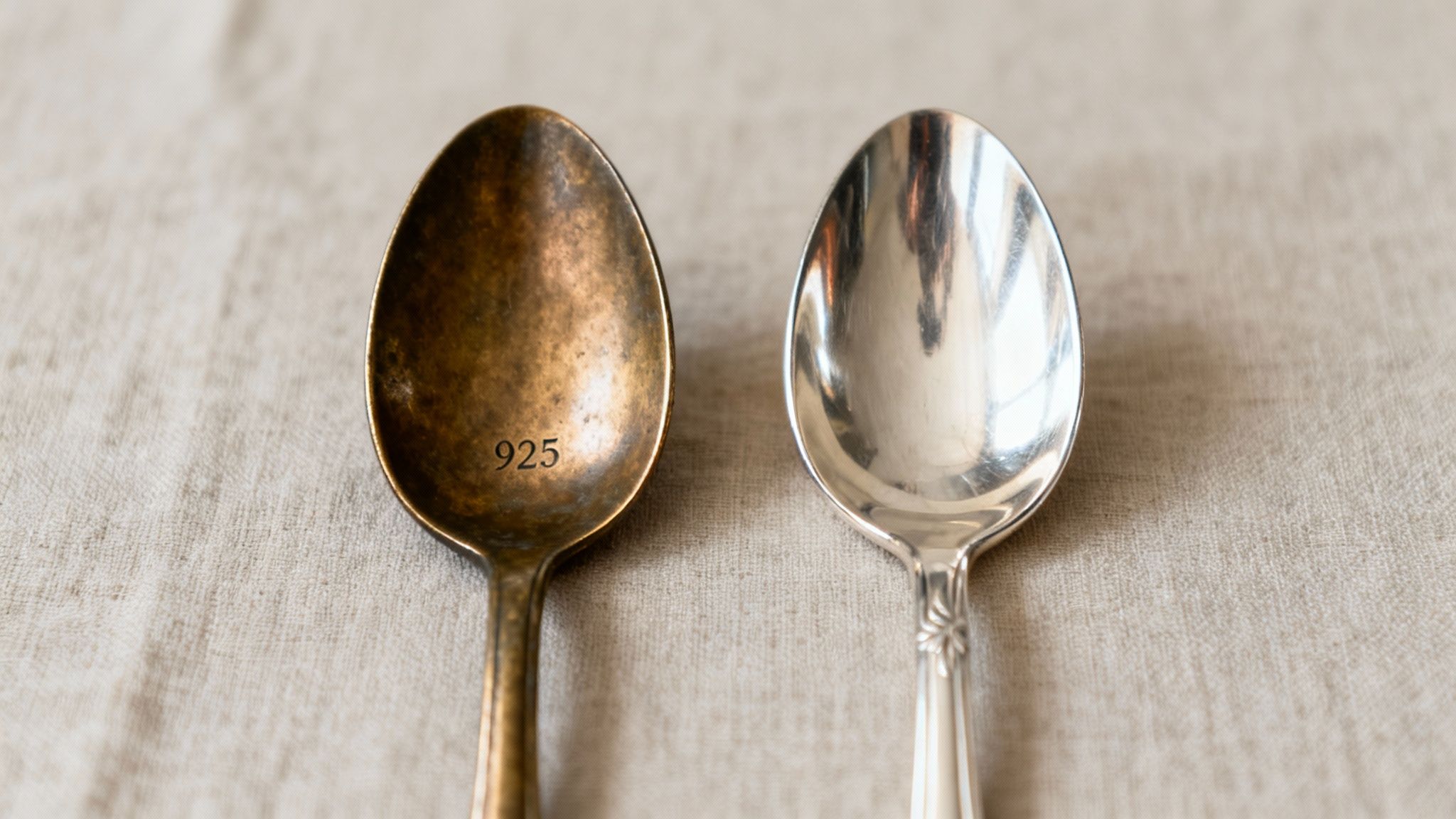 Two spoons, one tarnished bronze with '925' and one shiny silver, on a linen cloth.