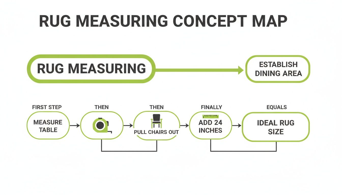 A concept map showing steps to measure the ideal rug size for a dining room, including measuring the table, pulling out chairs, and adding 24 inches.