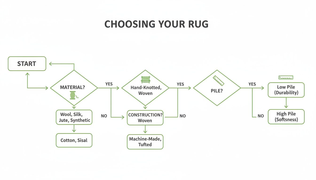 A detailed flowchart helps you select the perfect rug based on material, construction, and pile for your home.
