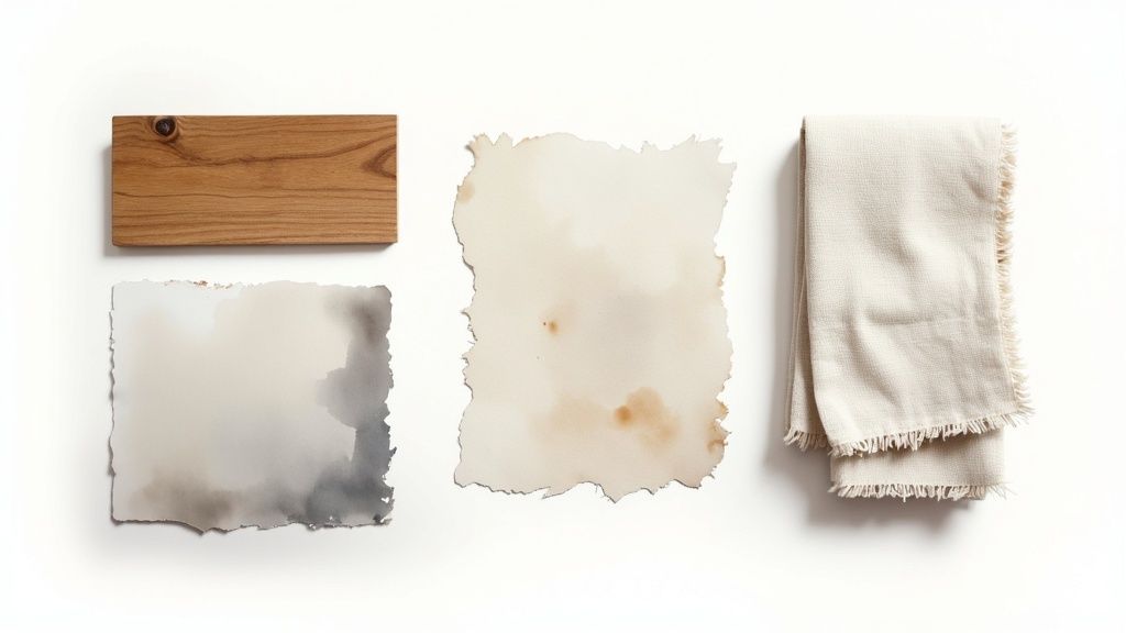 A close-up of different material textures used in transitional bedroom furniture, like wood, metal, and linen.