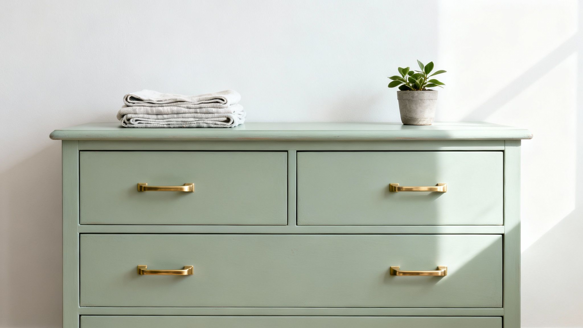 A mint green dresser with brass handles, folded linen towels, and a small potted plant.