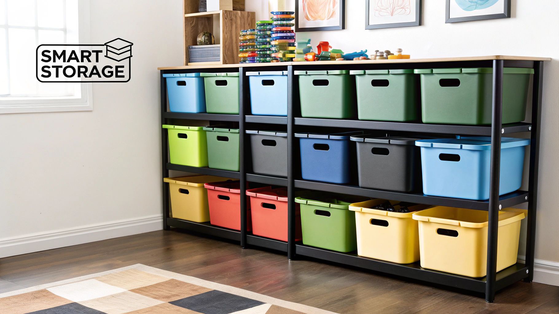 A child's playroom with neatly organized toys in bins on shelves and in baskets on the floor.