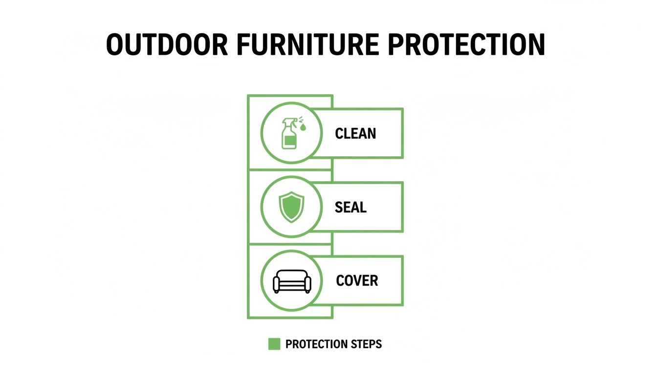 Three steps for outdoor furniture protection: clean, seal, and cover, each with a descriptive icon.