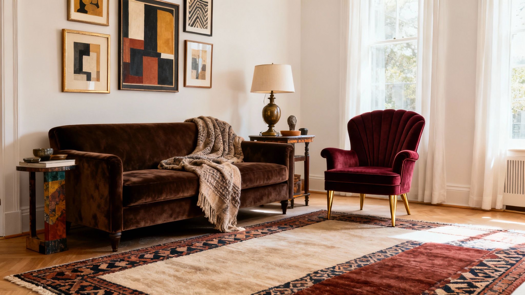 A maximalist living room with rich colors, layered patterns, and eclectic furniture.