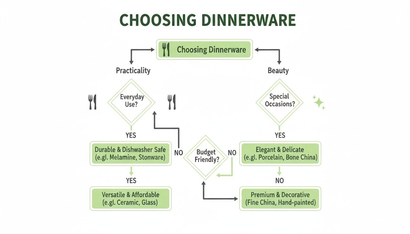 A flowchart guiding the selection of dinnerware based on practicality, beauty, budget, and everyday or special use.