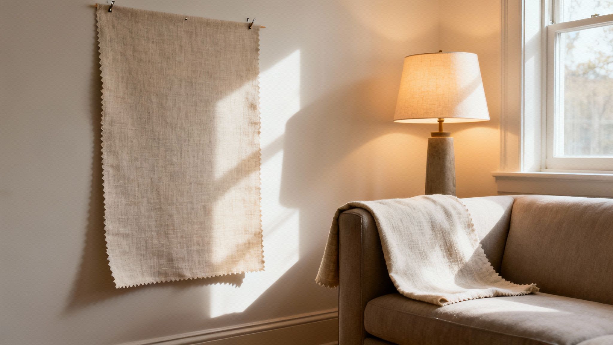 Cozy living room with natural light, a fabric sample on the wall, a warm lamp, and a sofa.