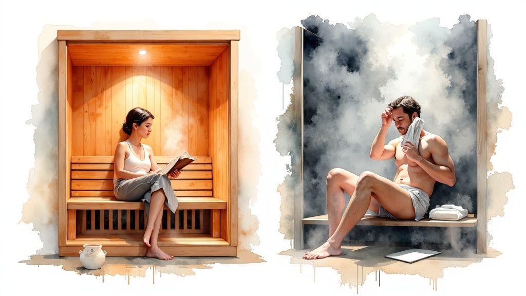 Two women relaxing inside a modern sauna with large windows.