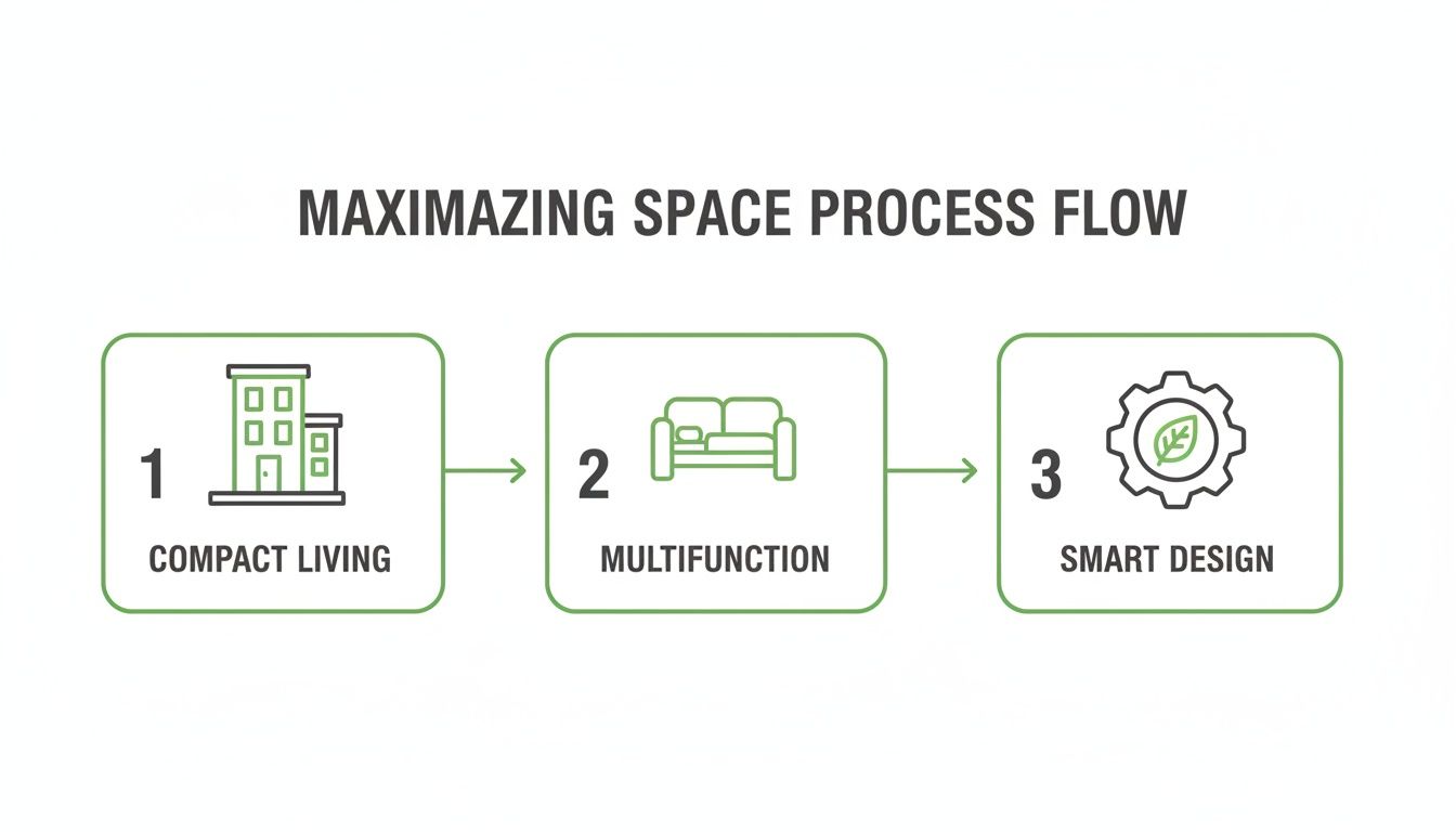 A process flow diagram illustrating three steps for maximizing space: compact living, multifunction, and smart design.