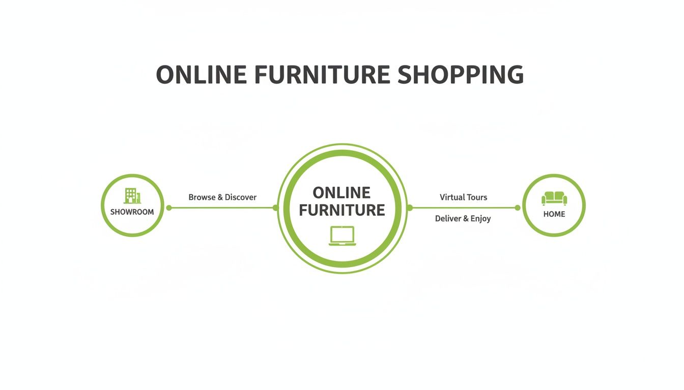 A flowchart detailing the online furniture shopping process from showroom browsing to home delivery.