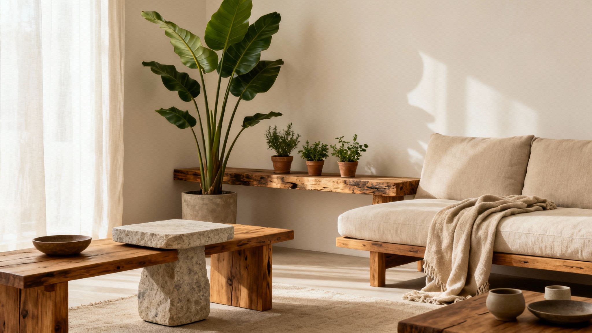 Cozy living room features a beige sofa, natural wood tables, large plant, and soft lighting.