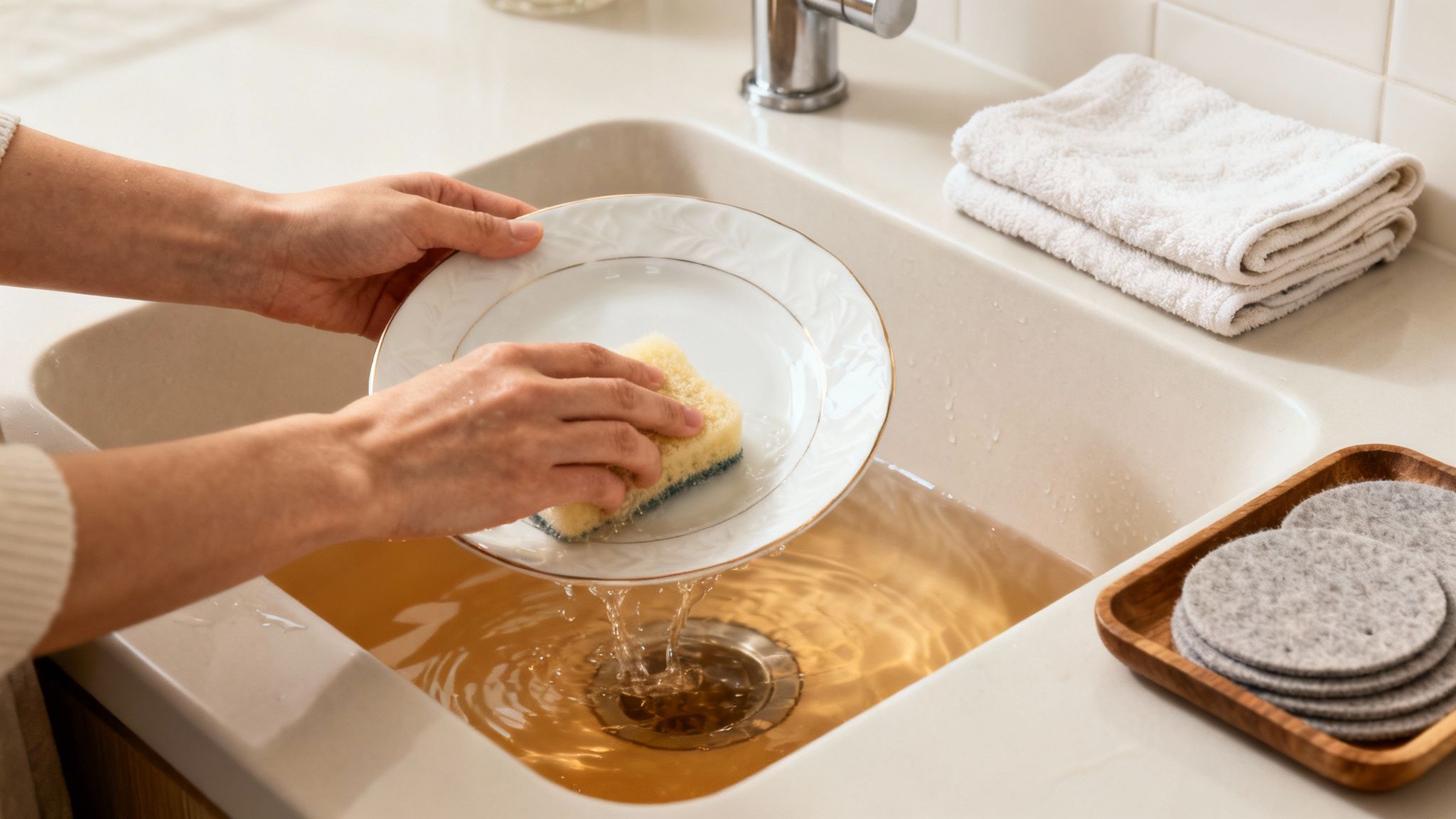 Close-up of hands washing a white plate with a sponge in a sink with brown, murky water.