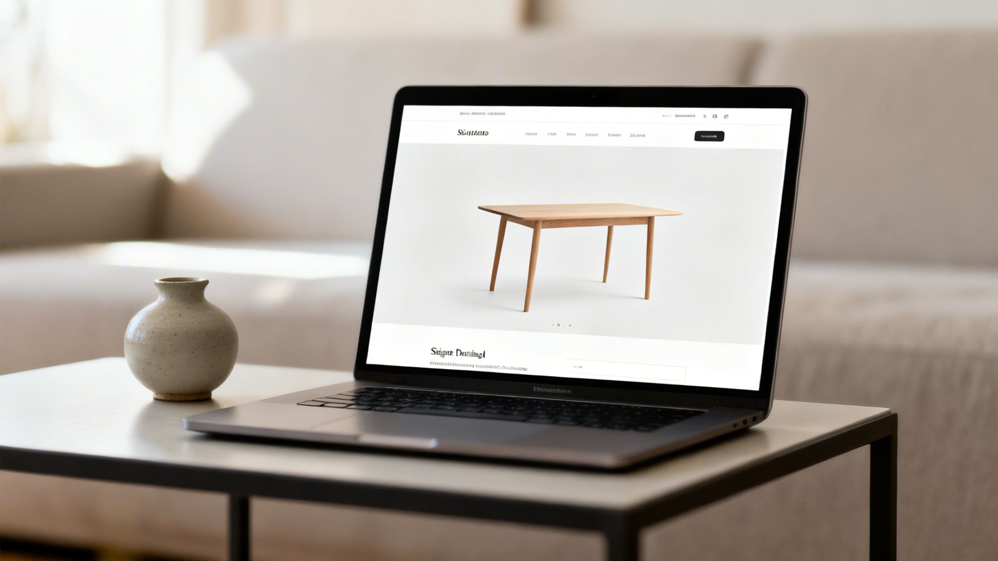 A laptop on a side table displays a website featuring a wooden dining table in a cozy room.