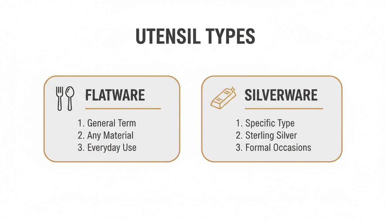 An infographic comparing Flatware and Silverware, outlining their definitions, materials, and usage contexts.