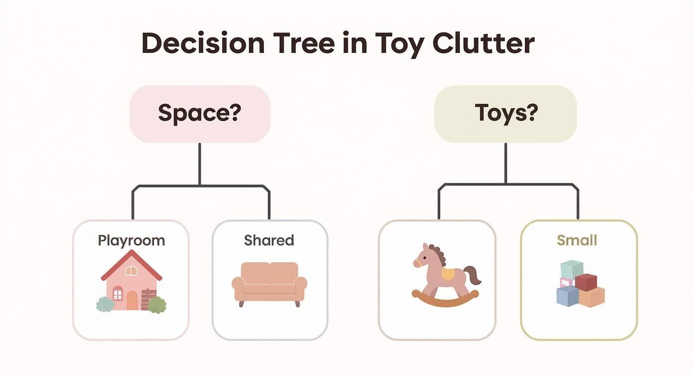 A decision tree diagram illustrating toy organization based on space (playroom, shared) and toy size (large, small).