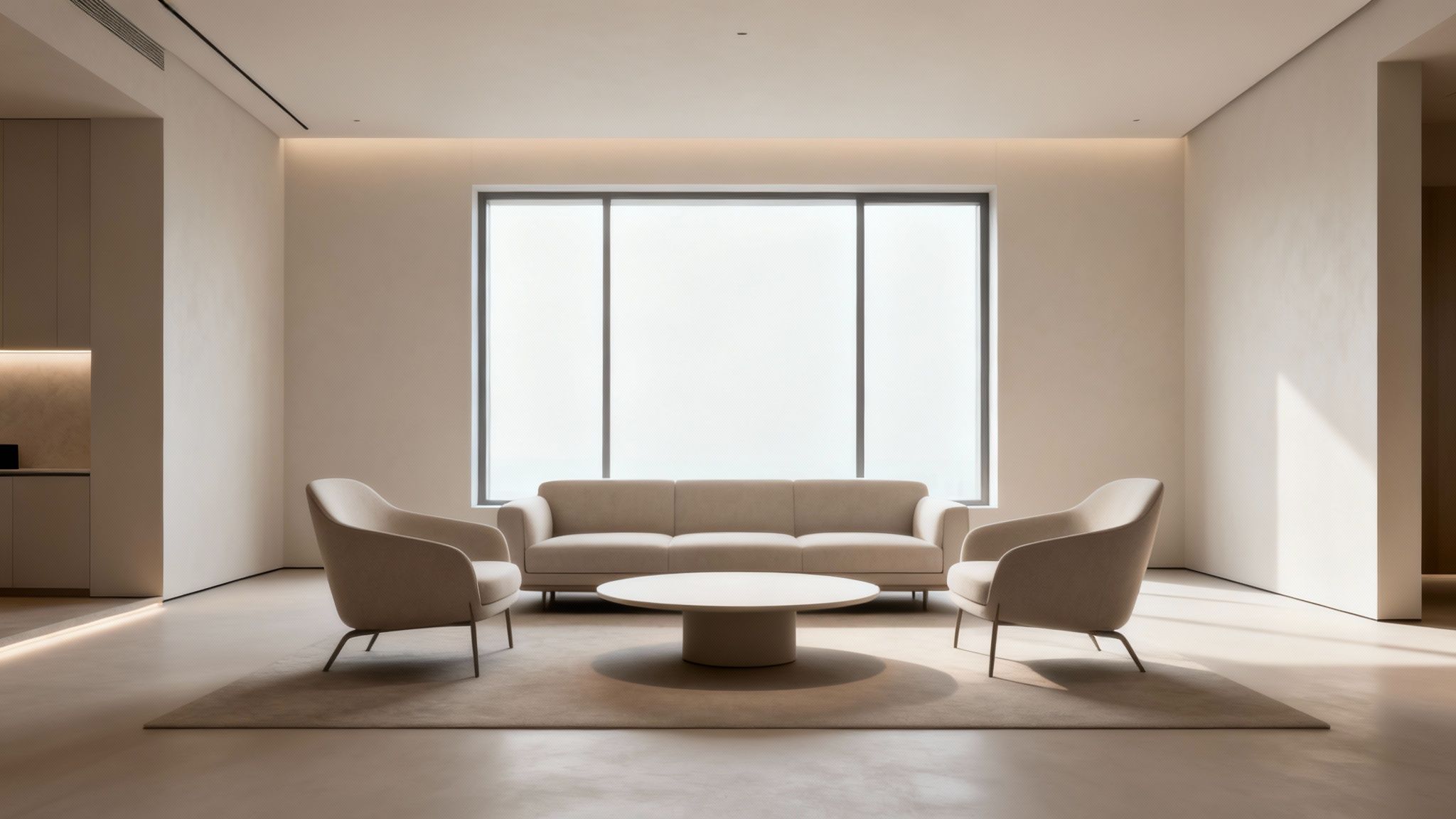 Elegant modern living room featuring a long beige sofa, two light armchairs, and a round coffee table.