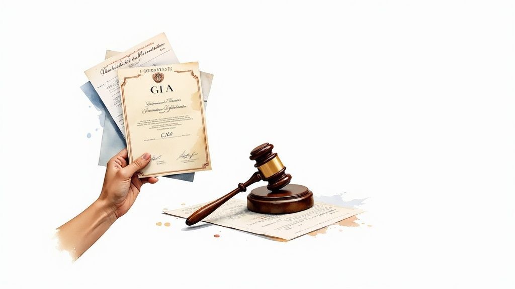 A magnifying glass held over a diamond ring, symbolizing careful inspection and market navigation.