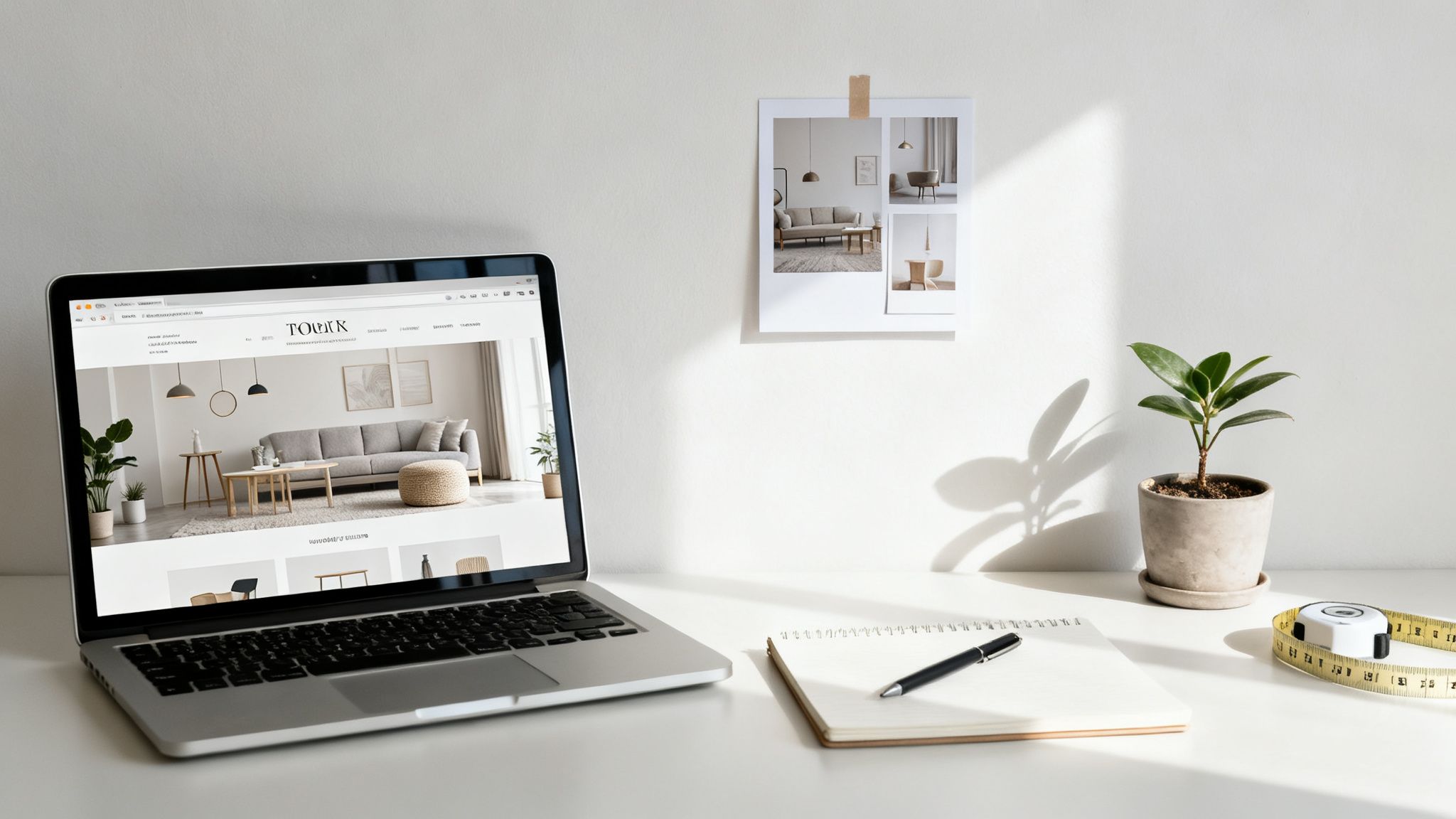 A minimalist home office desk with a laptop displaying a decor website, notebook, and plant.