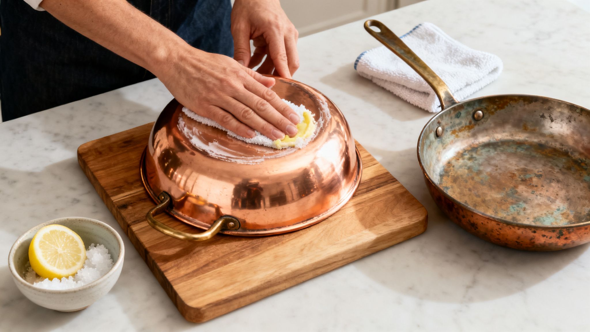 Hands cleaning a shiny copper pot with lemon and salt, next to a tarnished copper pan on a counter.