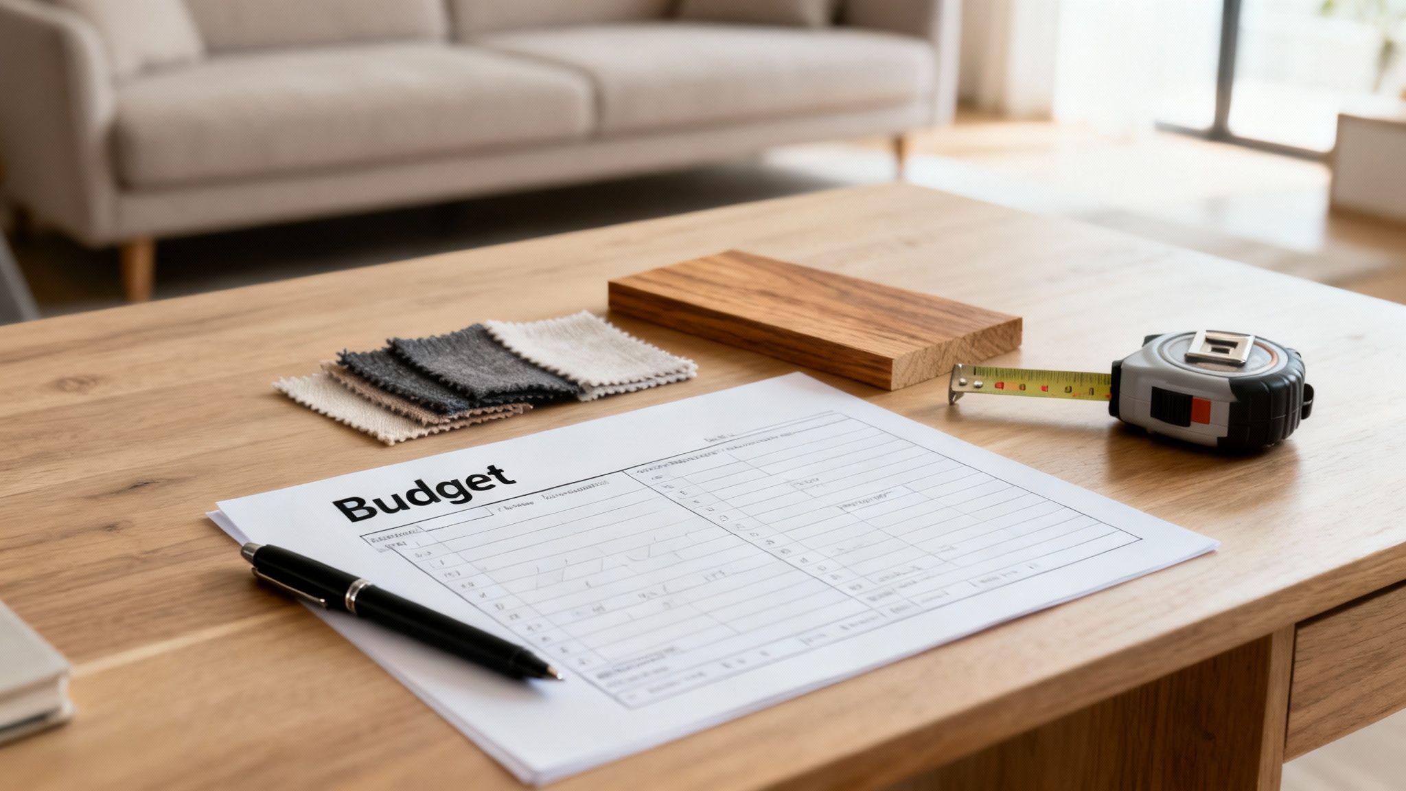 Home interior design budget with fabric samples, wood, and tape measure on a wooden table.