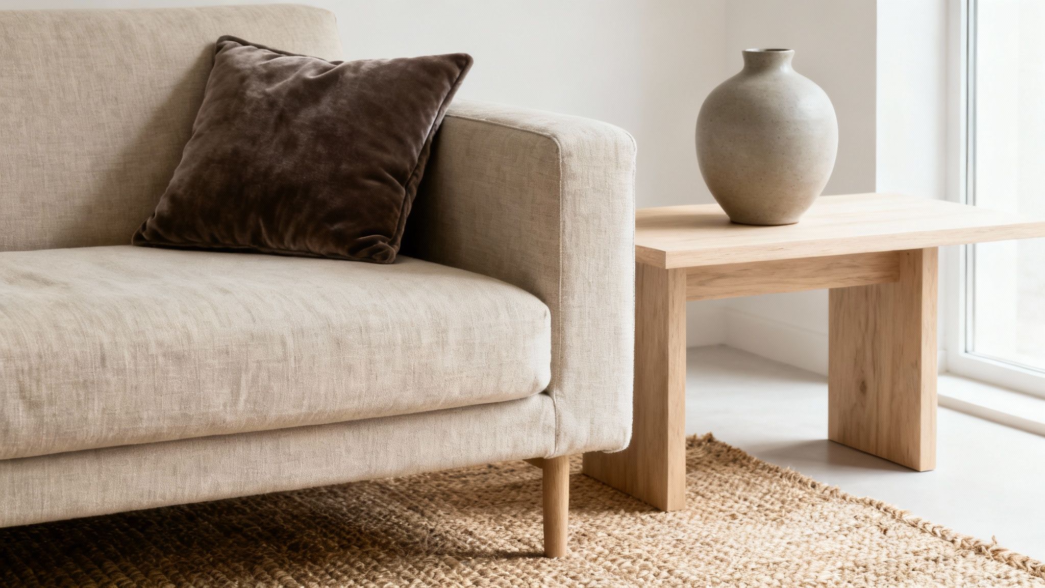 Cozy living room with a beige linen sofa, dark brown velvet pillow, wooden side table, and ceramic vase.