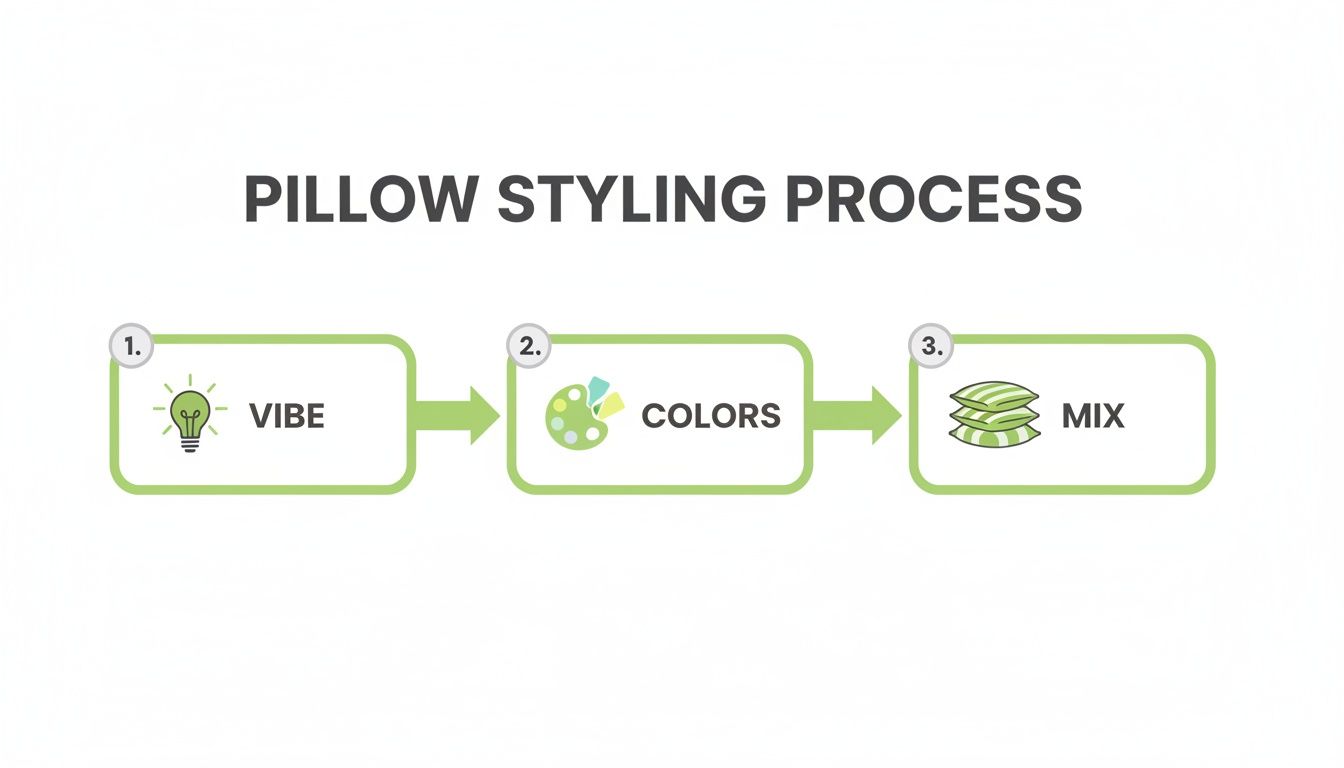 Infographic showing a three-step pillow styling process: 1. Vibe, 2. Colors, and 3. Mix.
