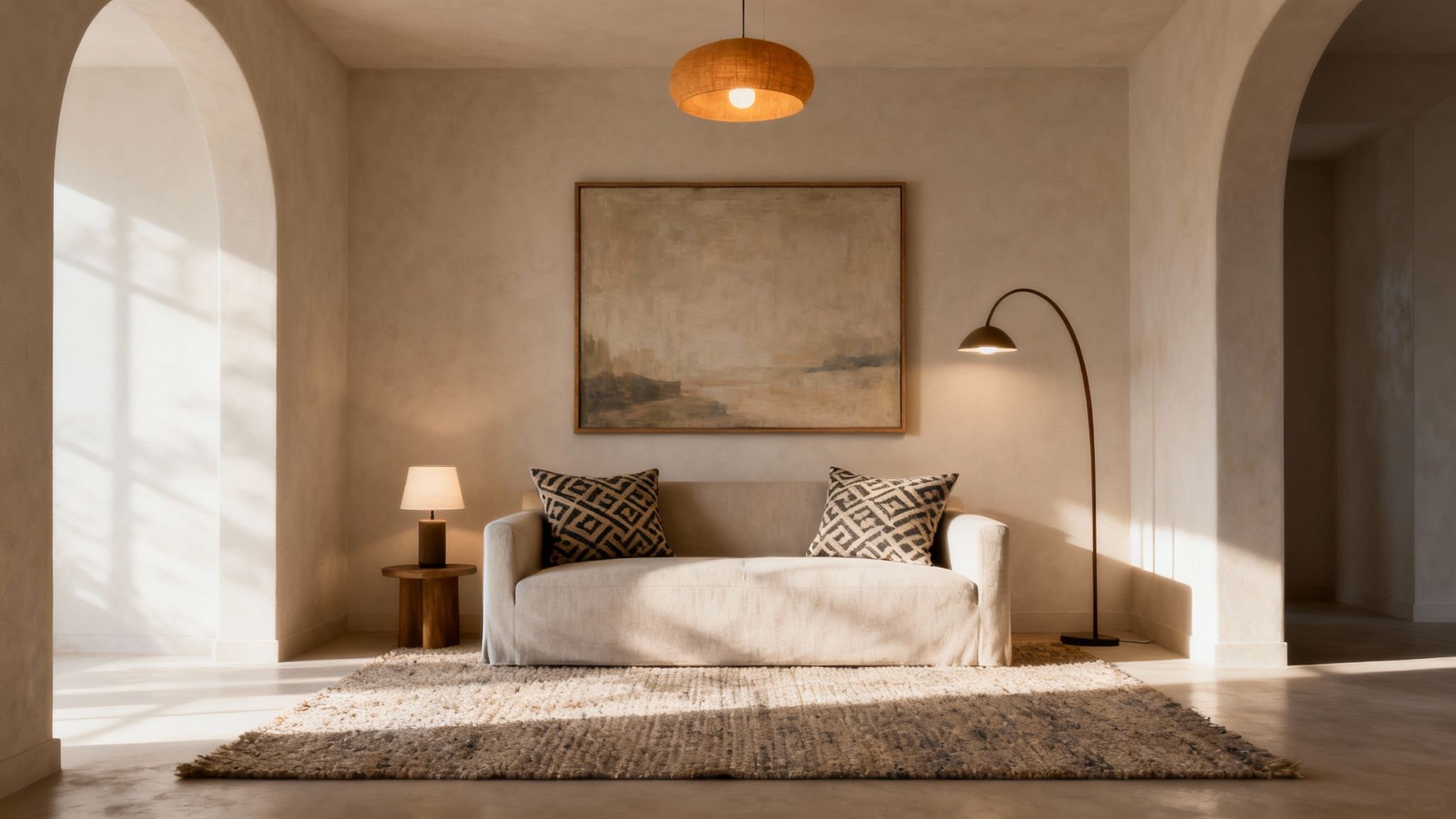 A warm, minimalist living room with a neutral sofa, abstract art, textured rug, and soft lighting.