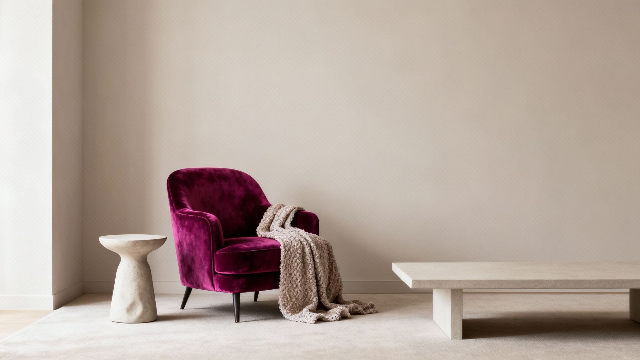 A plush purple velvet armchair with a beige throw blanket, sculptural side table, and minimalist coffee table.