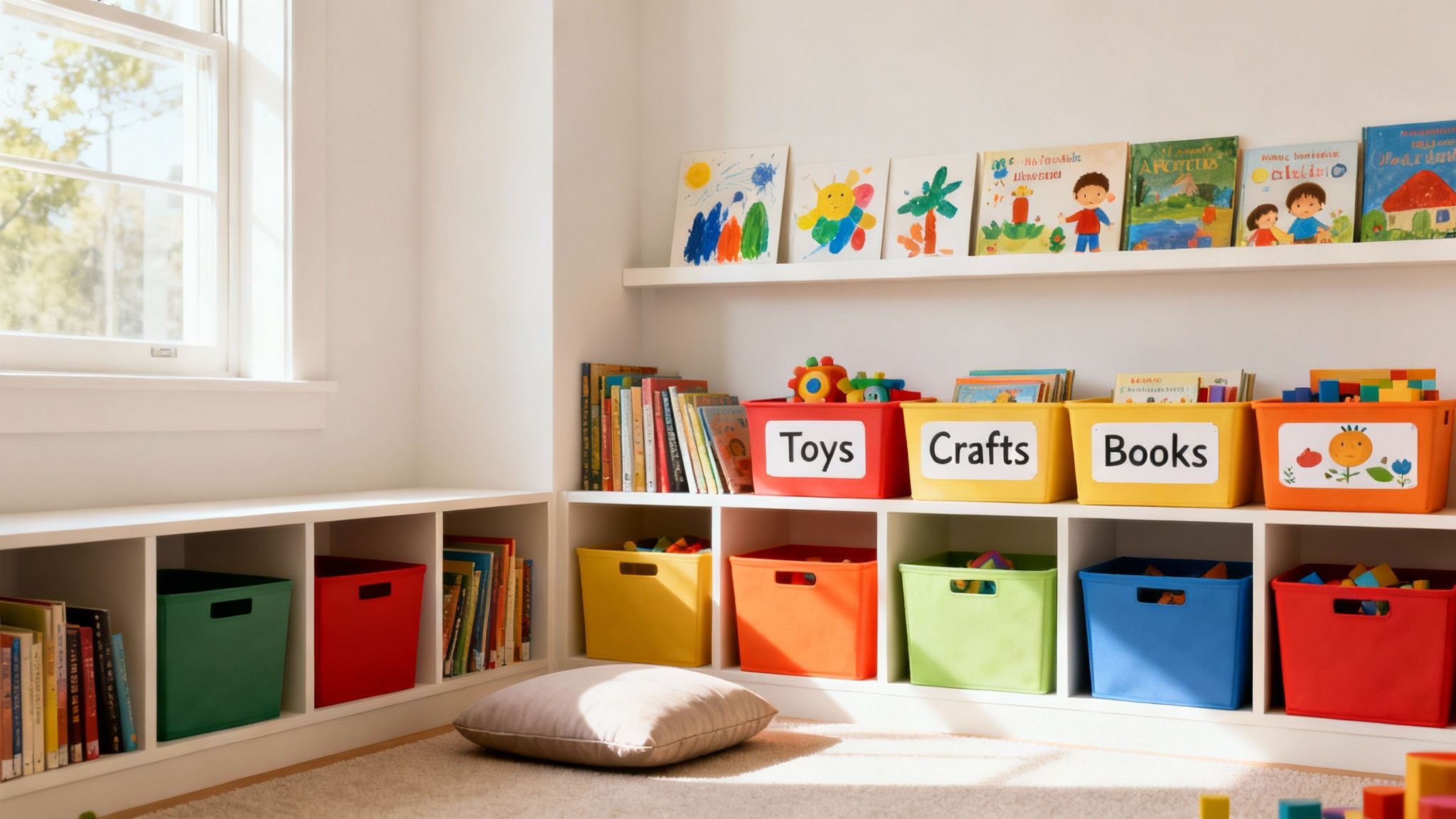 A bright, organized kids' room with white shelves, colorful storage bins for toys, crafts, and books, and children's artwork.