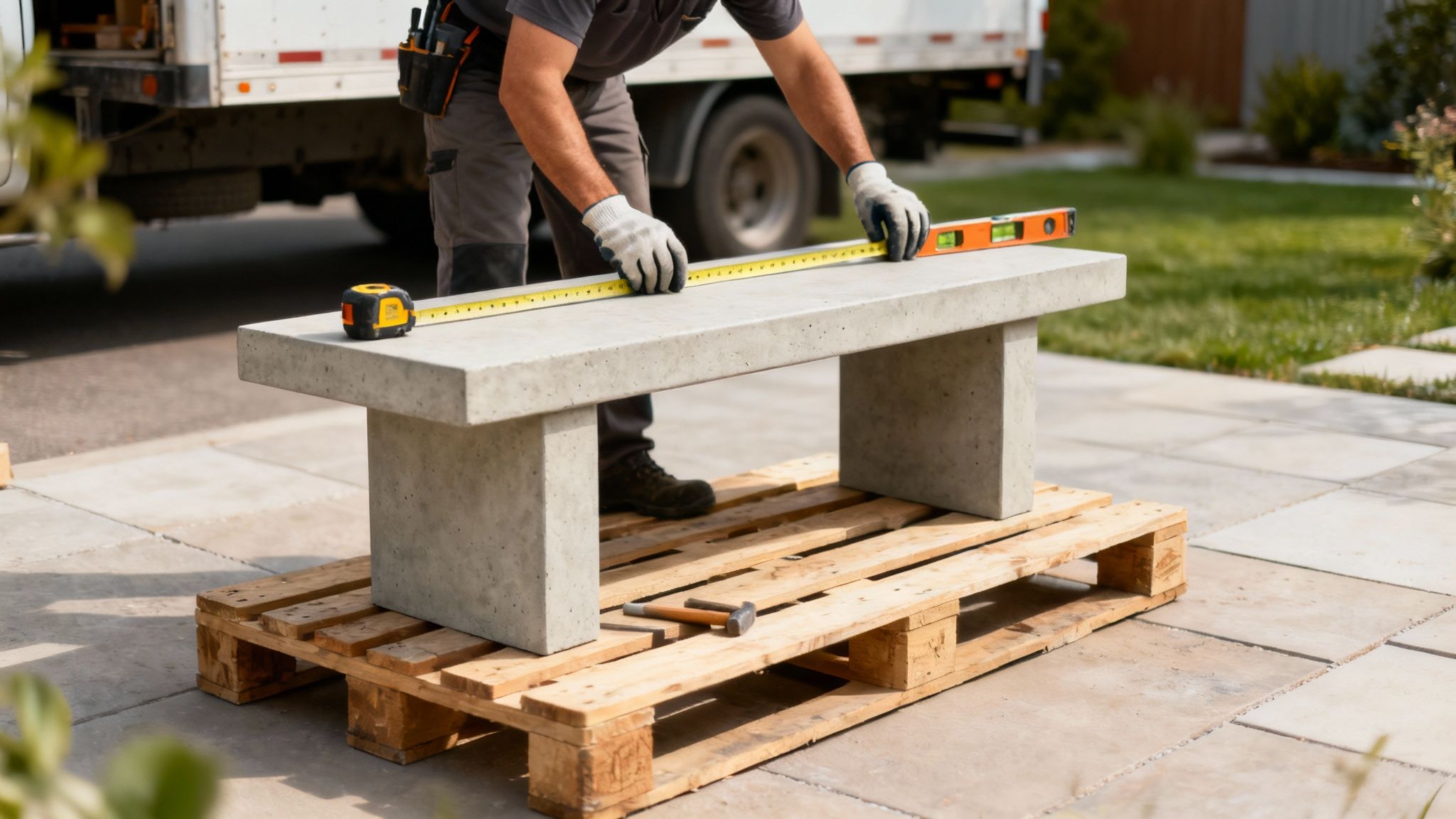 A specialist uses a tape measure and level to verify the precision and placement of a concrete bench, ensuring a perfectly balanced installation.