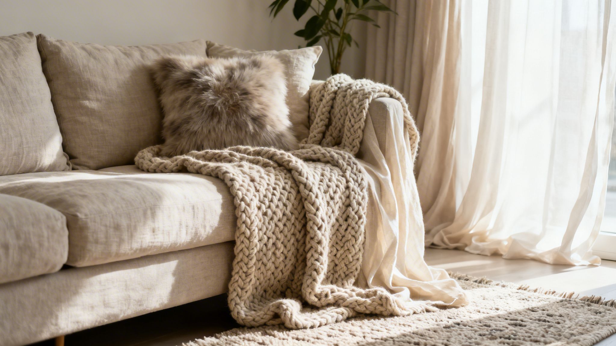 A cozy living room scene with a beige sofa, fluffy pillow, chunky knit blanket, and sunlit curtains.
