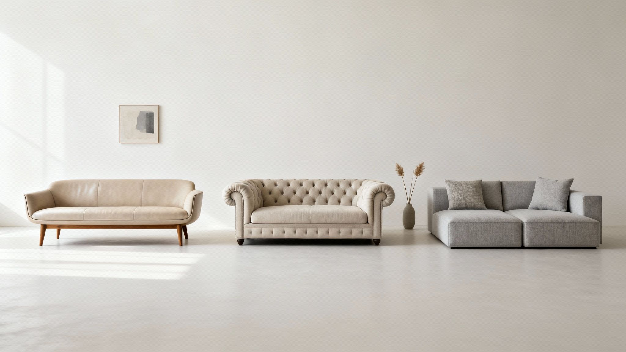 Three distinct sofas: a modern beige leather, a classic tufted fabric, and a gray modular sofa.