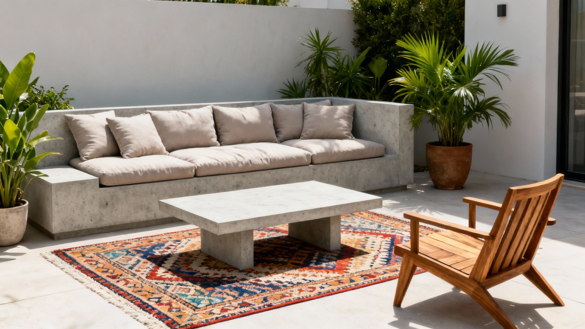 A masterfully styled modern patio featuring a built-in concrete sofa and coffee table, softened by plush neutral cushions, a vibrant artisanal rug, and the warm organic contrast of a teak wood chair.
