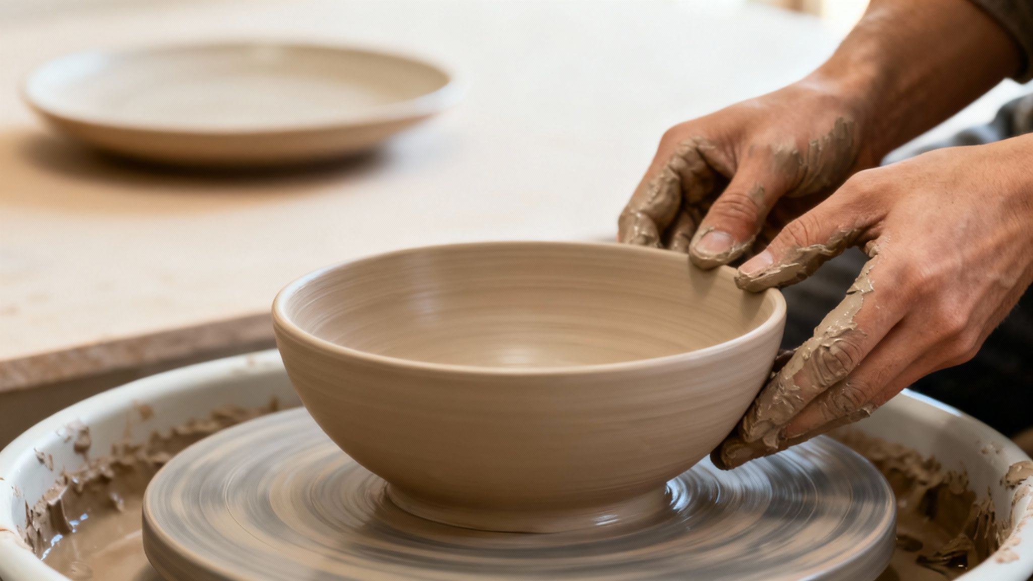 A potter carefully shaping a piece of stoneware dinnerware on a wheel.