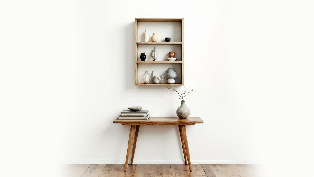 A mini curio cabinet placed on a wooden surface, displaying small decorative items.