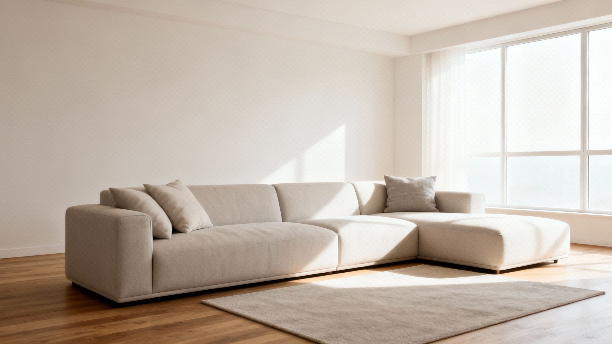 A bright, modern living room with a large, beige sectional sofa, throw pillows, and a rug. Sunlight illuminates the space.