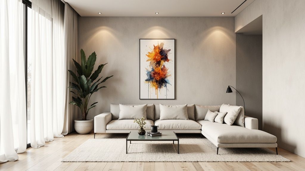 A modern living room featuring a large, ornate Old World armoire as a focal point, balanced with a minimalist sofa and light-colored walls.