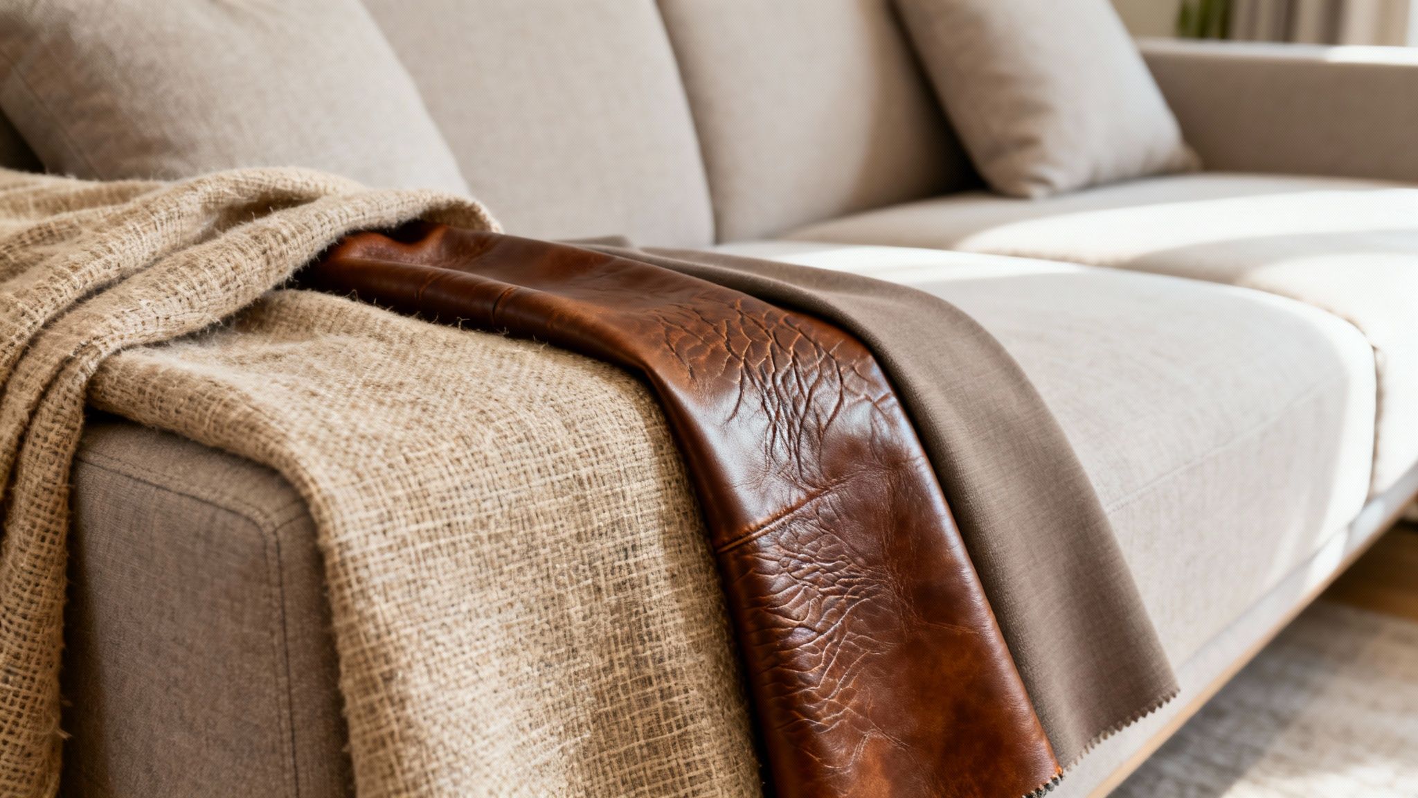 Stylish sectional sofa in neutral tones, featuring textured beige and rich brown leather throws.