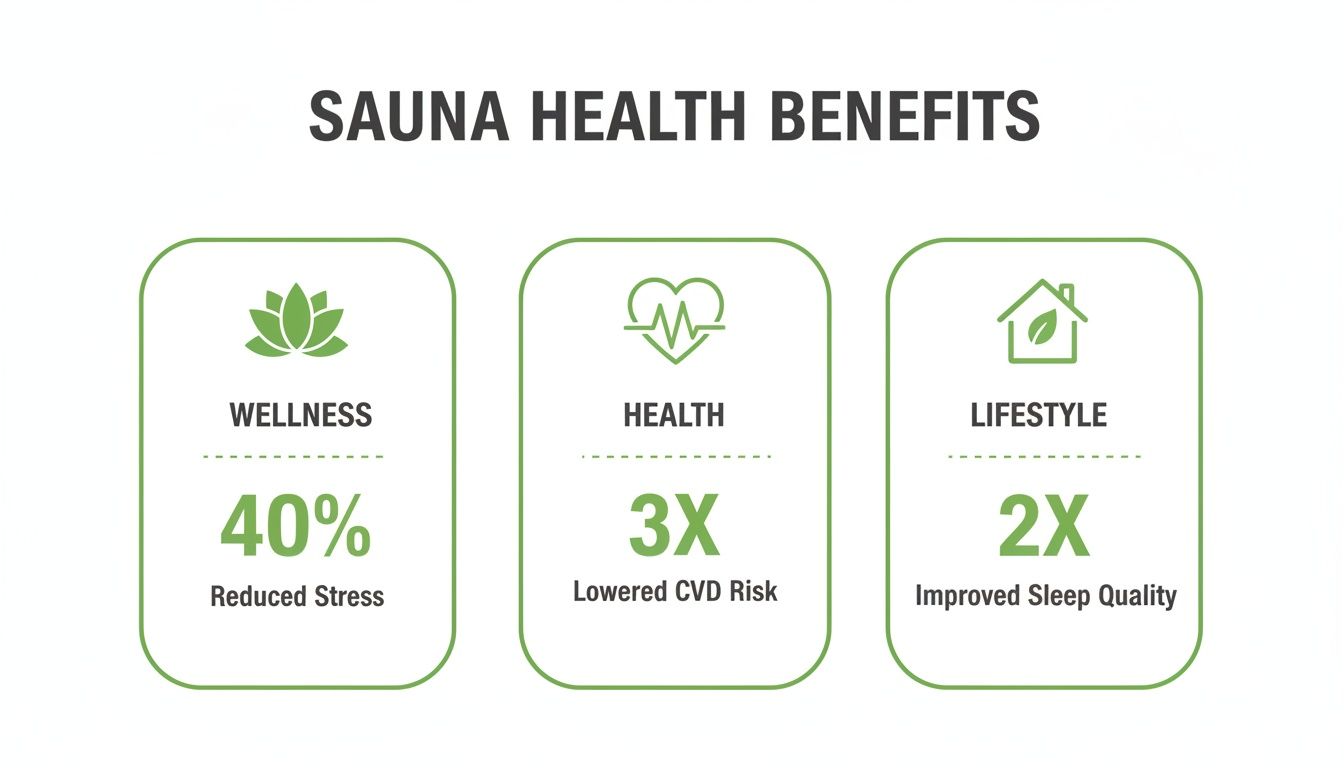 An infographic detailing sauna health benefits: 40% reduced stress, 3x lowered CVD risk, and 2x improved sleep quality.