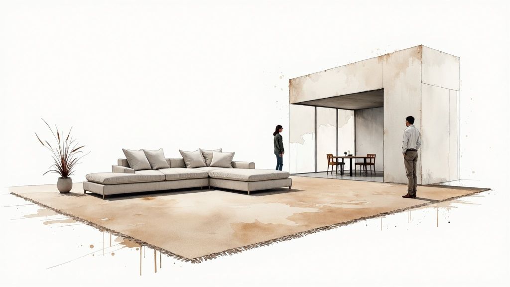 A beautifully styled living room with a large, patterned rug anchoring the sofa and accent chairs, demonstrating proper scale.