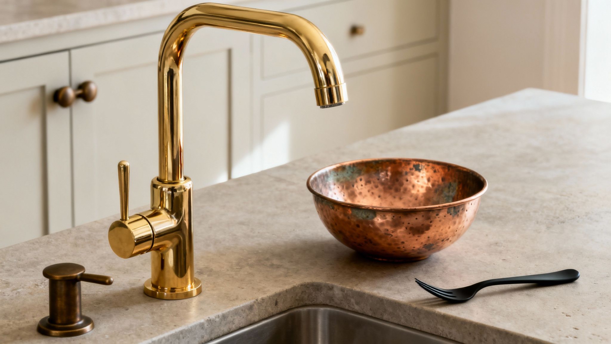 A stylish kitchen counter features a gold faucet, a hammered copper bowl, and a bronze soap dispenser.