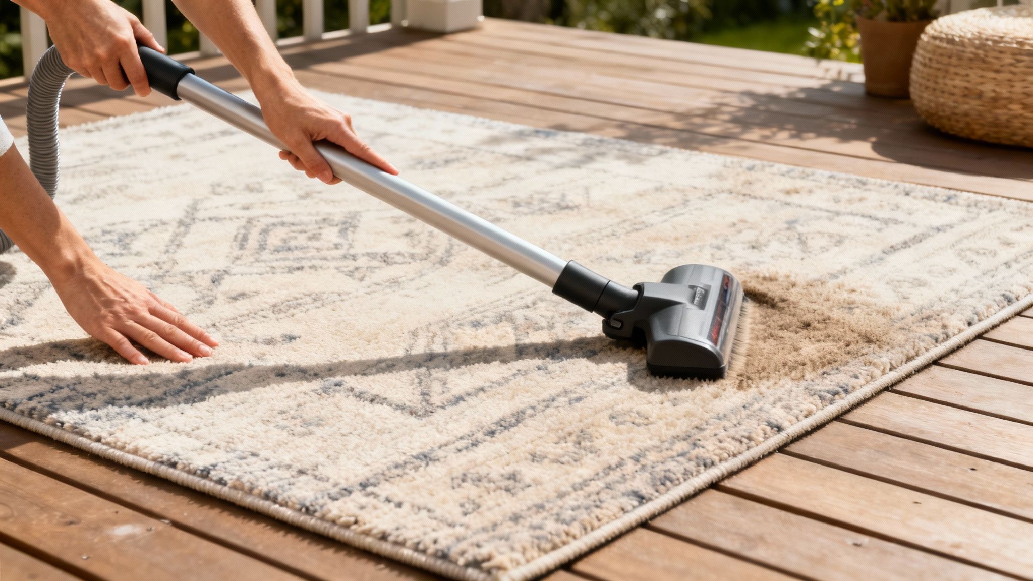 A person shaking out a small, colorful indoor-outdoor rug on a patio, with dust and debris visibly coming off.