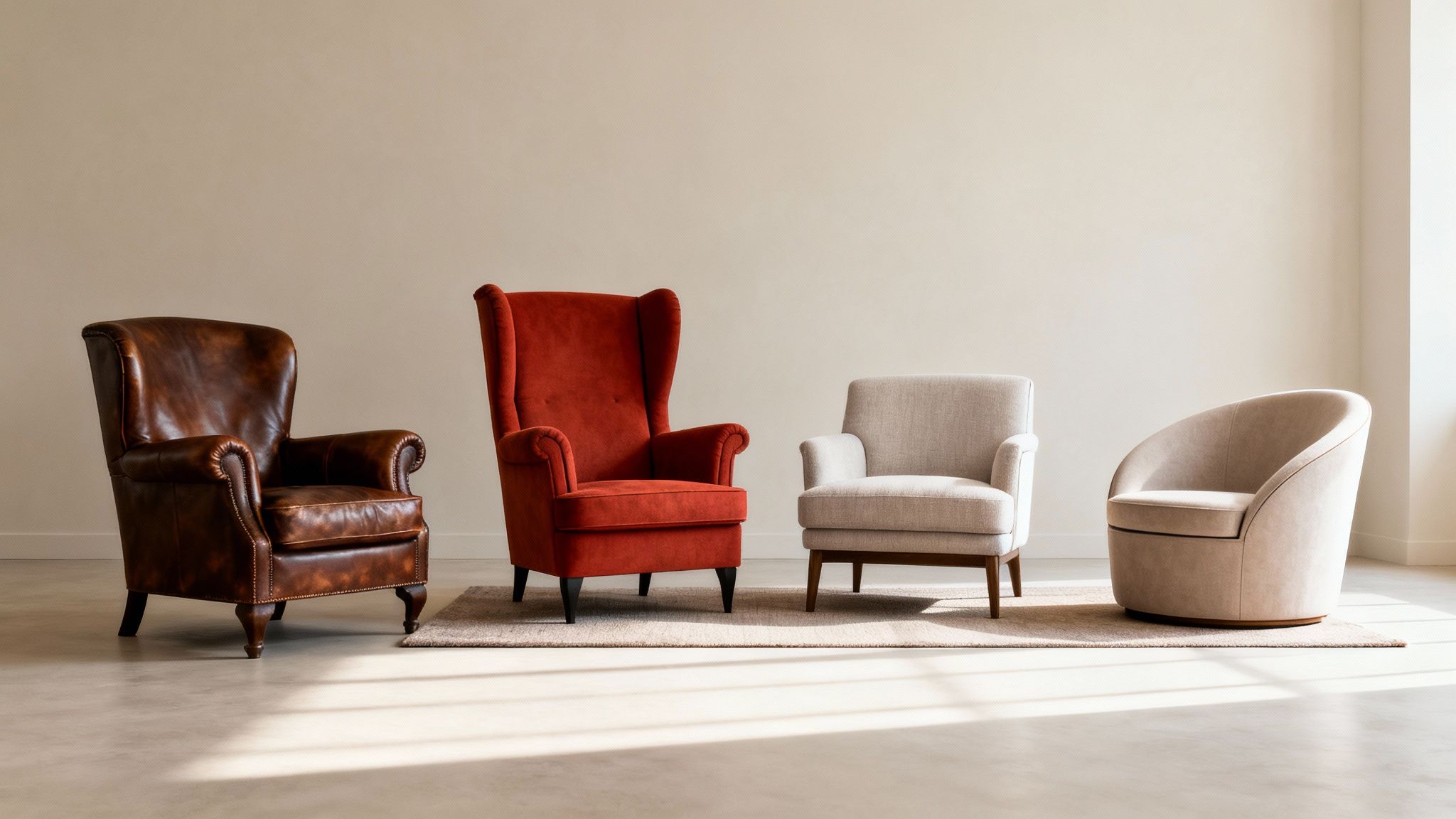 Four diverse accent chairs, including leather, red velvet, and upholstered styles, in a bright living room.
