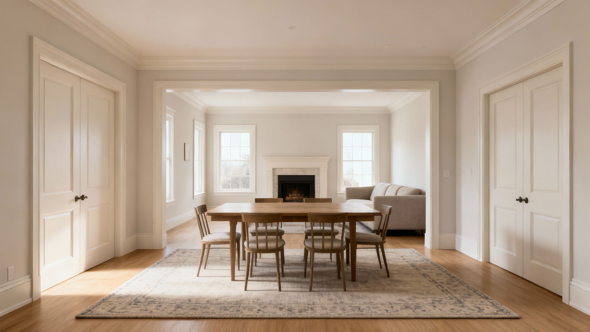 A modern open-concept dining room with a wooden table and chairs on a large area rug, leading to a living room with a fireplace and sofa.