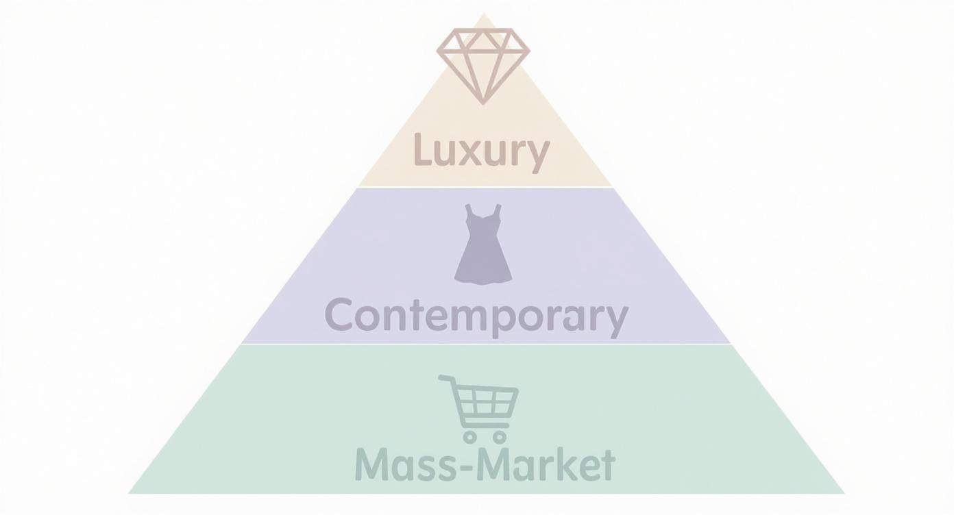 Pyramid diagram illustrating fashion market segmentation: Luxury, Contemporary, and Mass-Market levels with icons.
