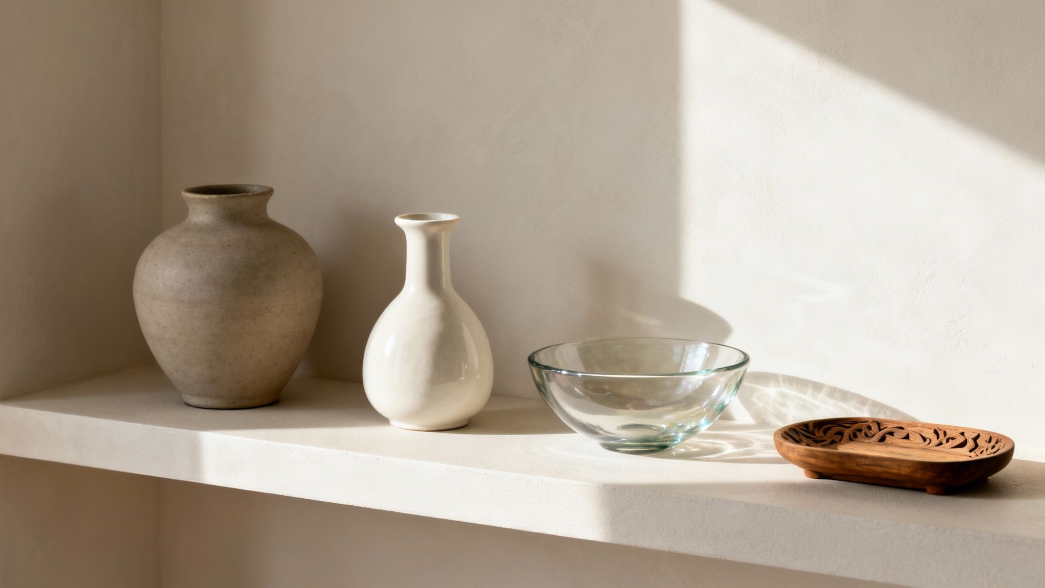 Close-up of decorative items on a shelf, with sunbeams highlighting vases and a wooden tray.
